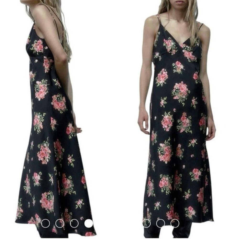 ZARA Floral Sleeveless Black Pink Midi Slip Dress Romantic Size S - Picture 1 of 16